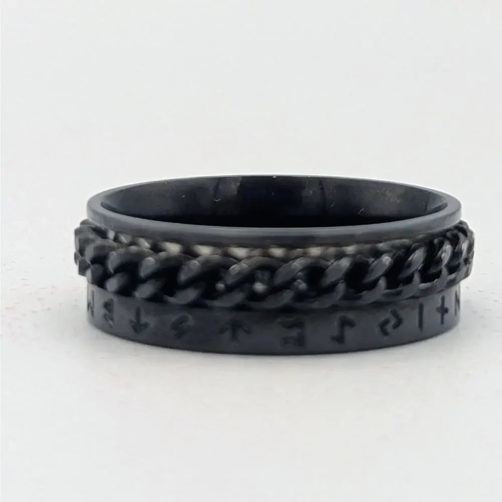 Black Spinner Ring Size 13 – Chain Link Design – Rune Engraved – Men’s Ring